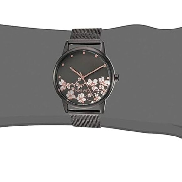 Premium Women's Gunmetal Grey Mesh Watch with Adjustable Buckle & Floral Design - Picture 5 of 6